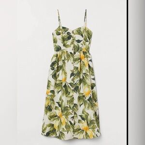 H&M Linen Blend Lemon Print Midi Dress | Button Front Summer Sundress | Size M